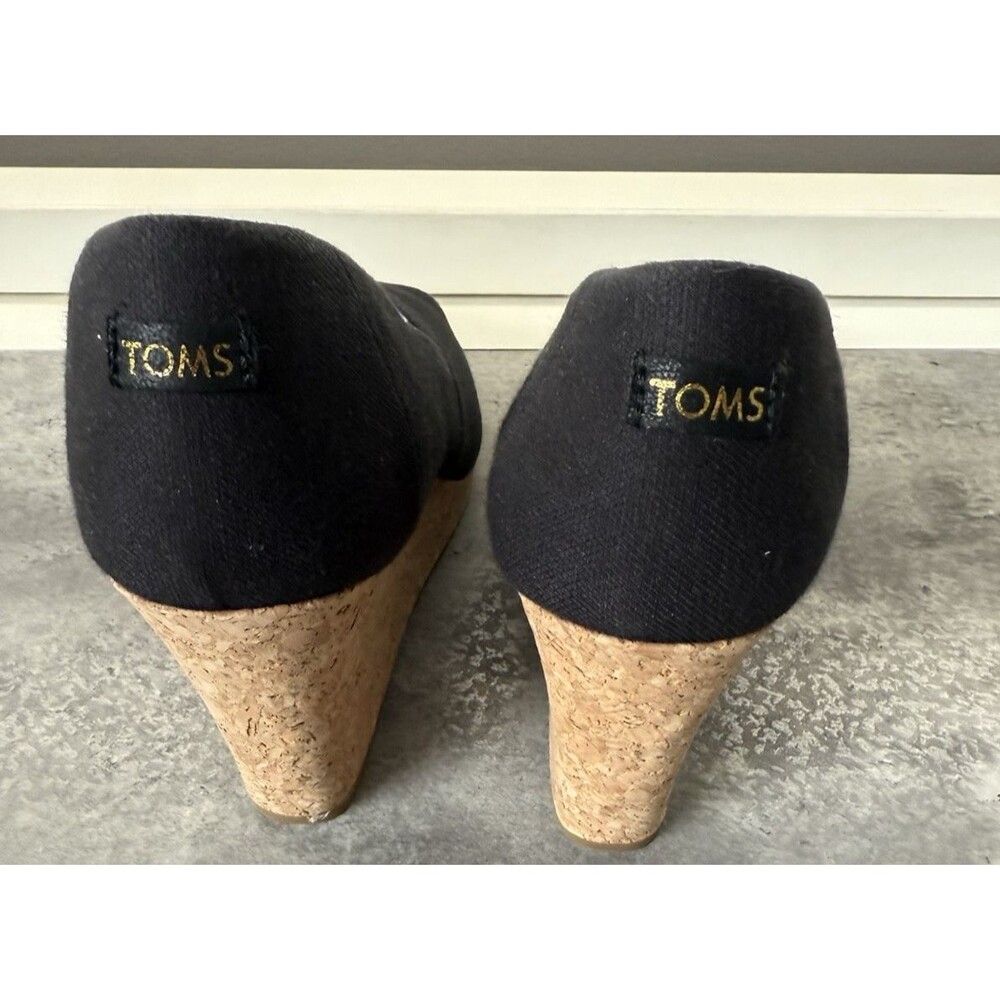 TOMS Women Black Cotton Peep-Toe Platform Cork Wedge  Heel US 8 M - Picture 2 of 11